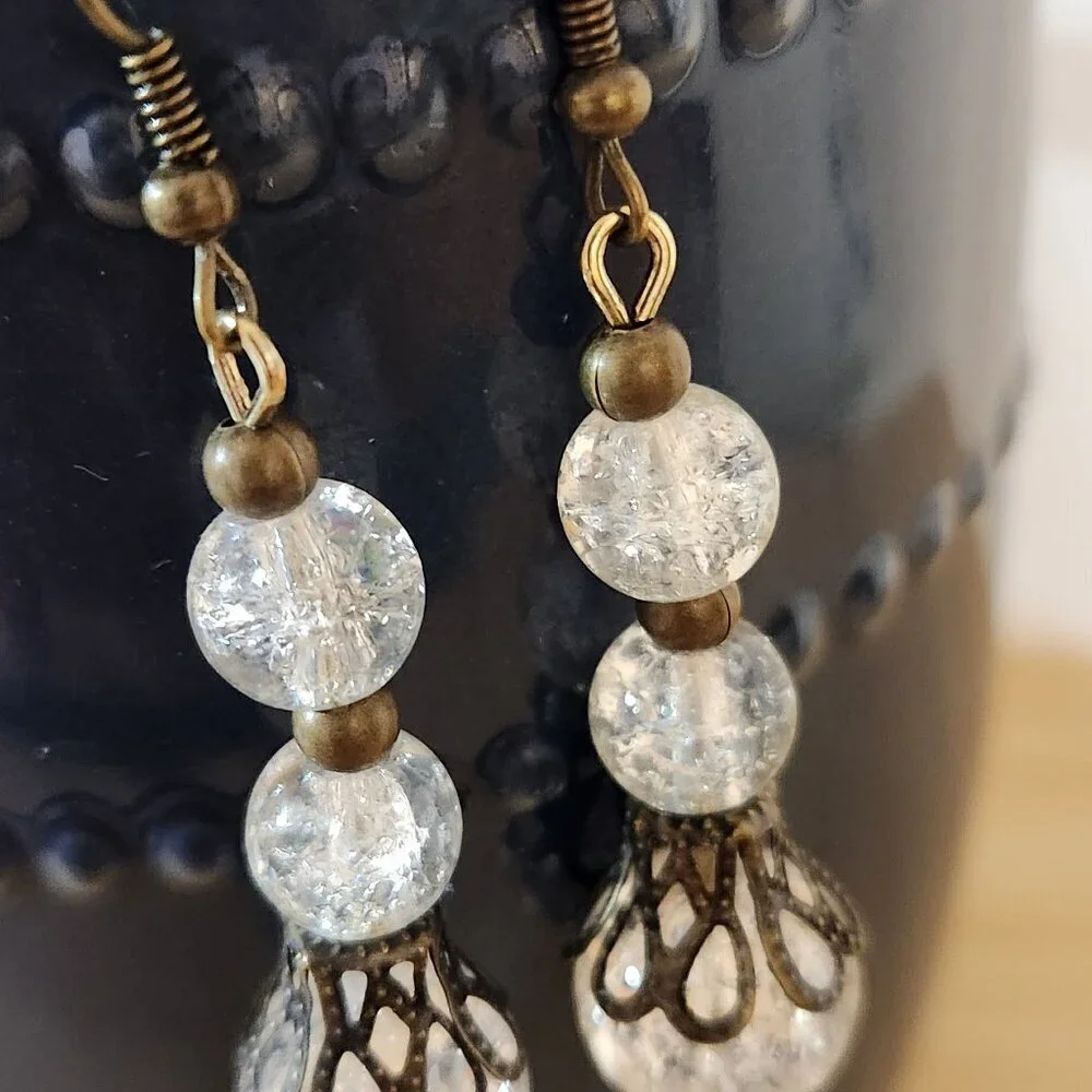 Hand Crafted Earrings Pierced Clear Bronze Beaded Dangle